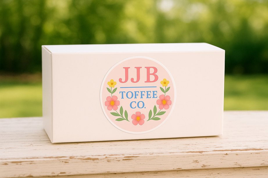 A JJB Toffee Co. gift box with the floral logo sticker, sitting on a wooden rail outdoors